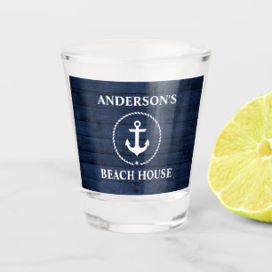 Nautical Anchor Beach House Name Blue Wood Shot Glass