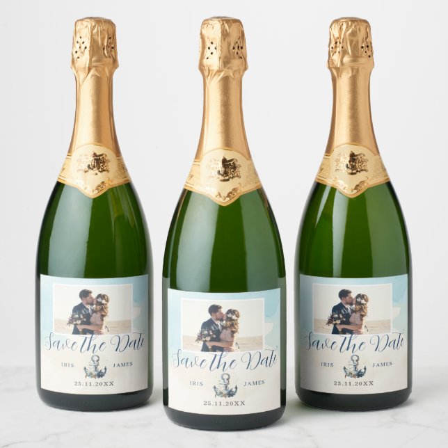Nautical Anchor Beach Wedding Save the Date Photo Sparkling Wine Label (Bottles)