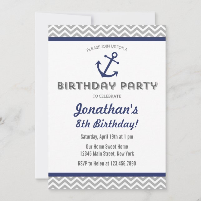 Nautical Anchor Birthday Invitation Navy Blue (Front)