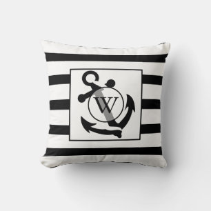 Nautical Anchor Black and White Monogram Stripes Cushion