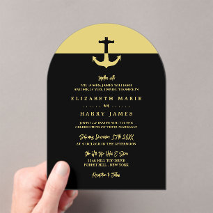 Nautical Anchor - Black Gold - Beach Wedding Acrylic Invitations