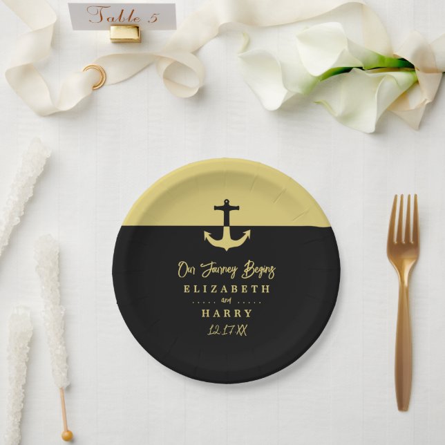 Nautical Anchor - Black Gold - Beach Wedding Paper Plate (Wedding)