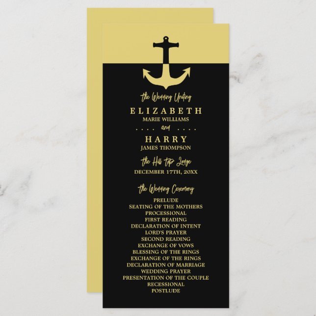 Nautical Anchor - Black Gold - Wedding Programme (Front/Back)