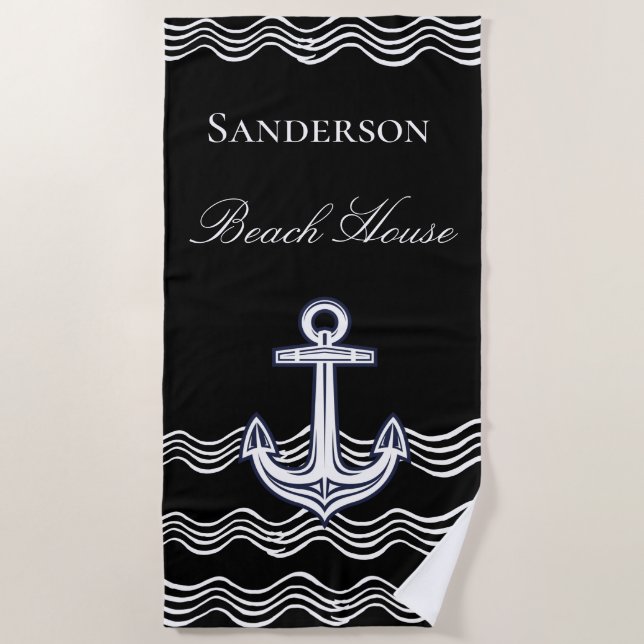 Nautical Anchor Black White Beach House Monogram  Beach Towel (Front)