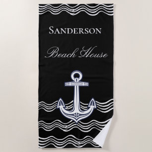 Nautical Anchor Black White Beach House Monogram Towel