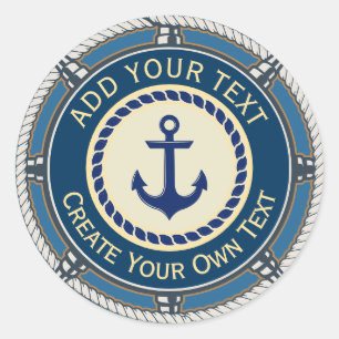 Nautical Anchor Blue and Cream Rope Border Custom Classic Round Sticker