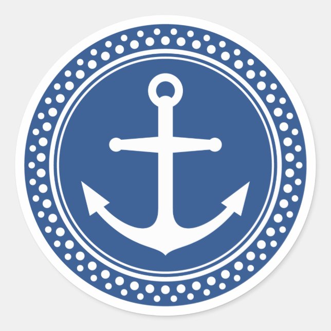 Nautical anchor, blue background with dot border classic round sticker (Front)