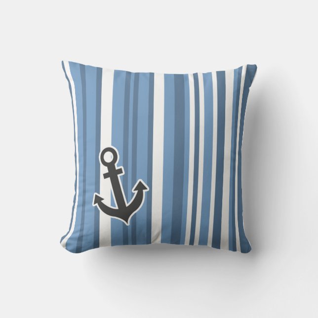 Nautical Anchor; Blue-Grey Stripes; Striped Cushion (Front)