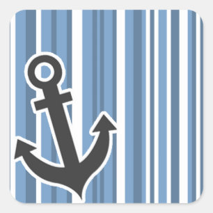 Nautical Anchor; Blue-Grey Stripes; Striped Square Sticker