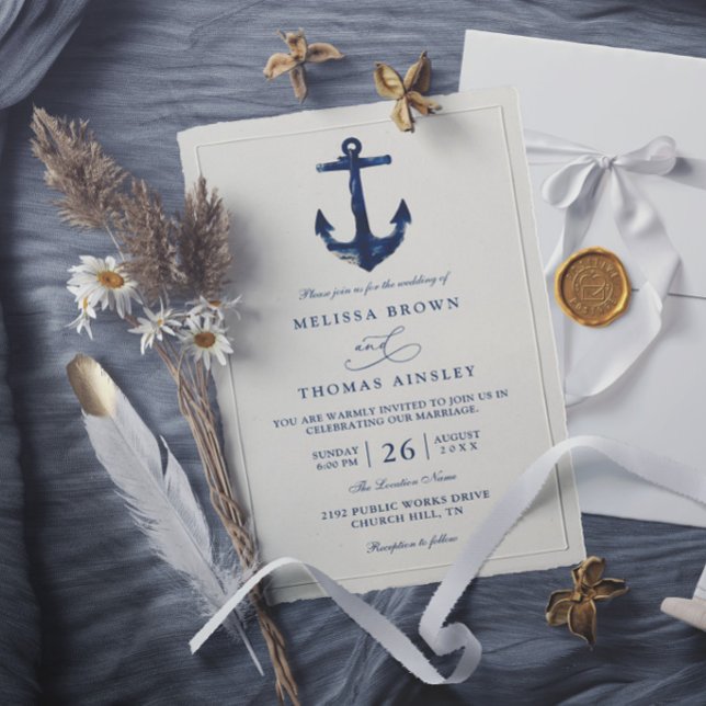 Nautical Anchor Blue Modern Chic Elegant Wedding Invitation (Creator Uploaded)