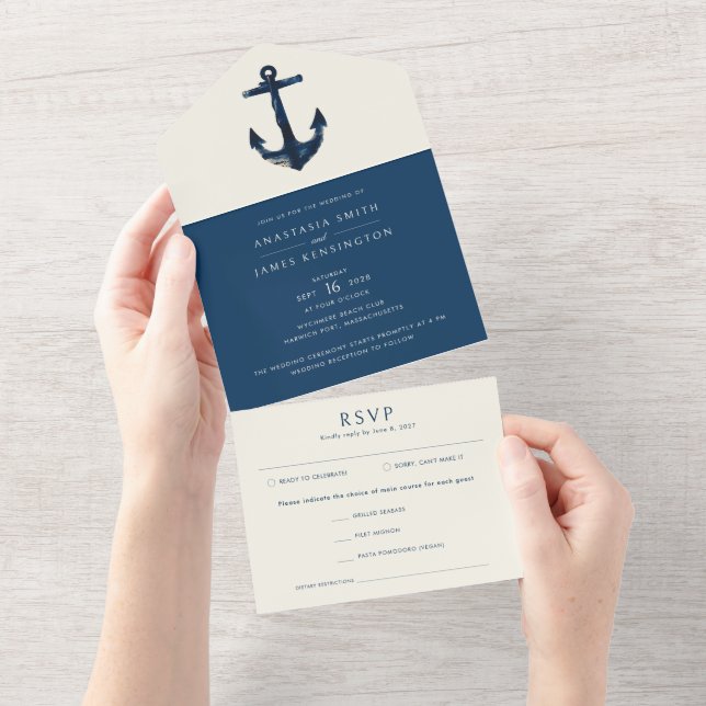 Nautical Anchor Blue Modern Coastal Wedding All In One Invitation (Tearaway)