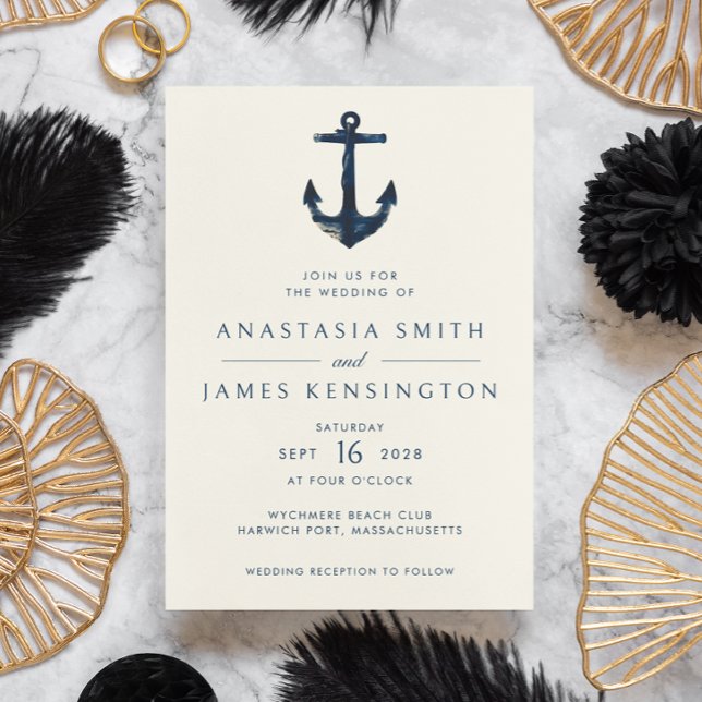 Nautical Anchor Blue Modern Coastal Wedding Invitation (Creator Uploaded)