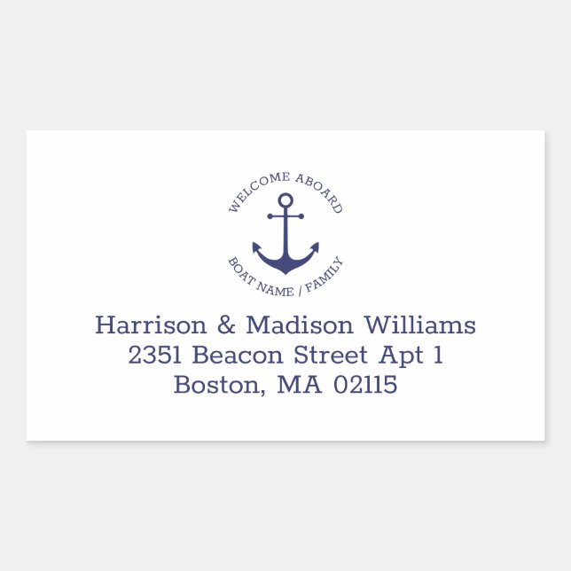 Nautical anchor blue monogram return address rectangular sticker (Front)