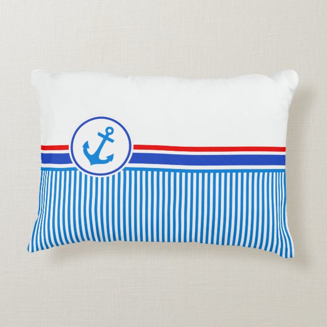 Nautical anchor blue red white stripes decorative cushion (Back)