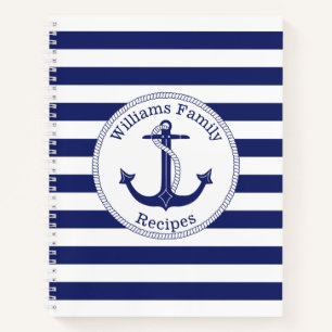 Nautical Anchor Blue Stripe Family Monogram Recipe Notebook