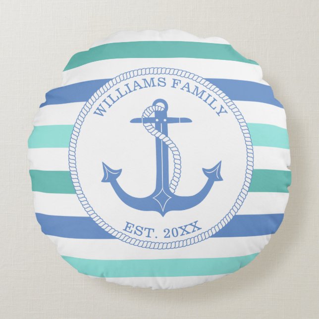 Nautical Anchor Blue Stripe Family Monogram Round Cushion (Front)