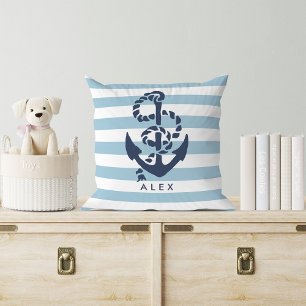 Nautical Anchor & Blue Stripe Personalised Cushion