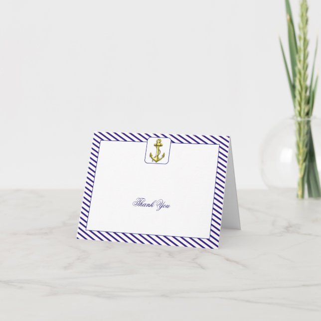 Nautical Anchor Blue Stripe Wedding Thank You Card (Front)
