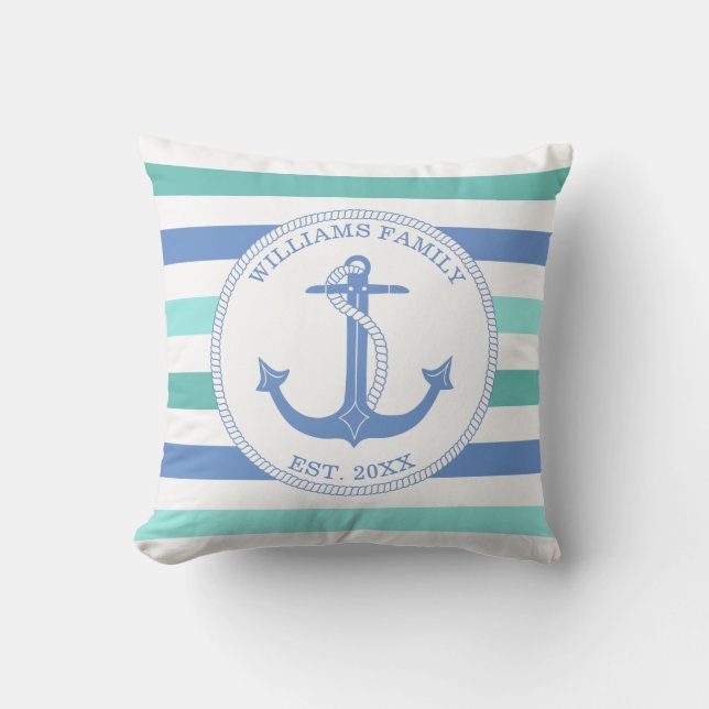 Nautical Anchor Blue Teal Stripe Family Monogram Cushion (Front)