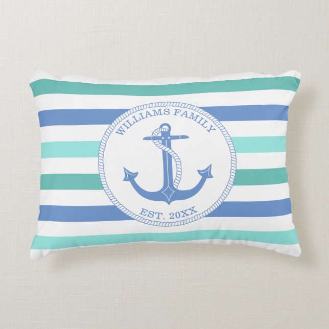 Nautical Anchor Blue Teal Stripe Family Monogram Decorative Cushion (Front)