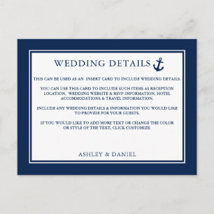 Nautical Anchor Blue Wedding Details Insert Card
