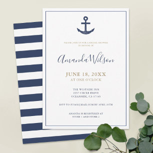 Nautical Anchor Blue White Gold Bridal Shower Invitation