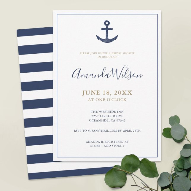 Nautical Anchor Blue White Gold Bridal Shower Invitation (Creator Uploaded)