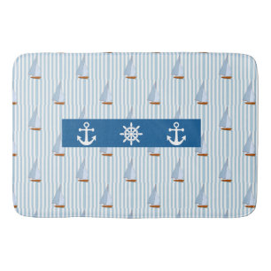 Nautical Anchor Blue White Stripe Background Bath Mat