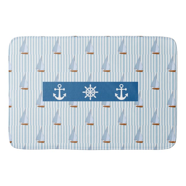 Nautical Anchor Blue White Stripe Background Bath Mat (Front)