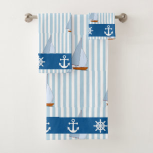 Nautical Anchor Blue White Stripe Background Bath Towel Set