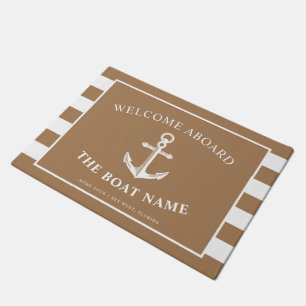 Nautical Anchor Boat & Captain Name Khaki Stripes  Doormat