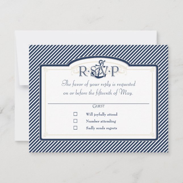 Nautical Anchor Boat Diagonal Stripes Swirl Modern RSVP Card (Front)