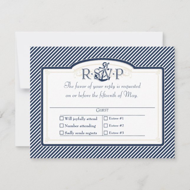 Nautical Anchor Boat Diagonal Stripes Swirl Modern RSVP Card (Front)