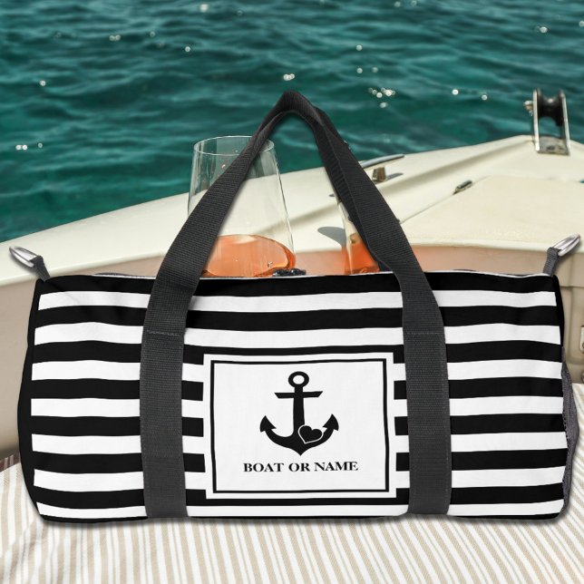 Nautical Anchor Boat Name Black White Striped Duffle Bag (Creator Uploaded)