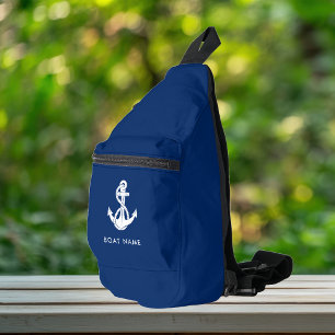 Nautical Anchor Boat Name Blue Custom Sling Bag