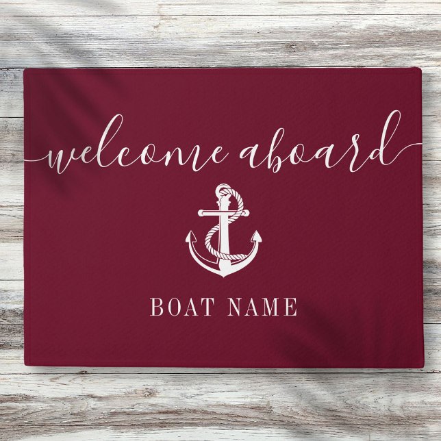 Nautical Anchor Boat Name Burgundy Welcome Aboard Doormat (Nautical Anchor Boat Name Burgundy Welcome Aboard Doormat)