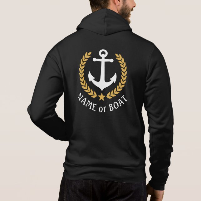 Nautical Anchor Boat Name Gold Laurel Black Zip Hoodie (Back)