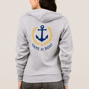 Nautical Anchor Boat Name Gold Laurel Zip Up Grey Hoodie