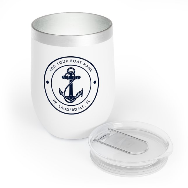 Nautical Anchor Boat Name Navy Blue Boating Custom (Nautical Anchor Navy Blue Typography Boat Name Wine Tumbler)