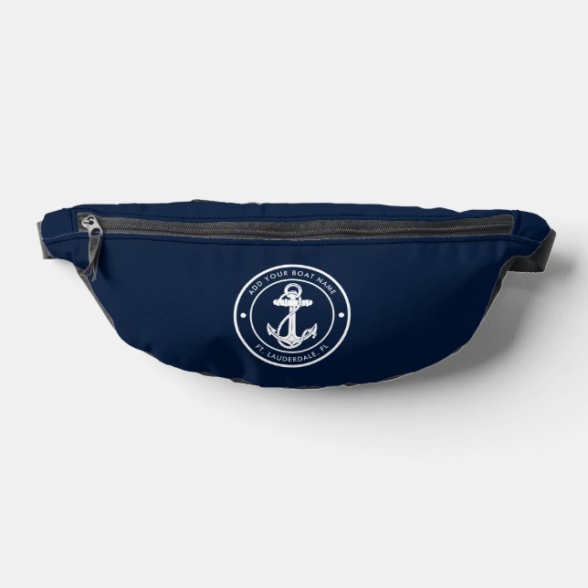 Nautical Anchor Boat Name Navy Blue Custom Bum Bags (Lay Down)