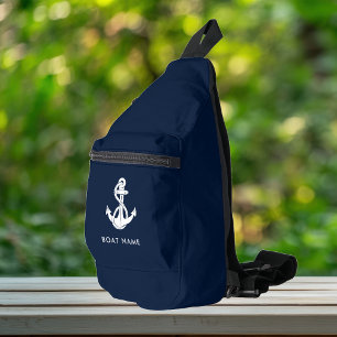 Nautical Anchor Boat Name Navy Blue Custom Sling Bag
