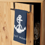 Nautical Anchor Boat Name Navy Blue Custom Tea Towel<br><div class="desc">The nautical anchor design not only adds a timeless aesthetic but also complements any boating enthusiast's collection. Featuring your boat's name,  and a navy blue anchor and rope,  personalise to create a unique gear for your boat. Makes a great giveaway for everyone.</div>