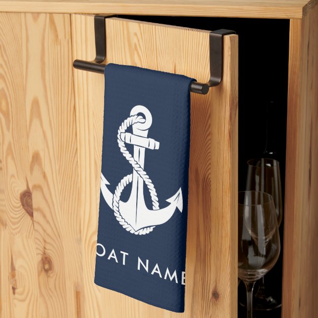 Nautical Anchor Boat Name Navy Blue Custom Tea Towel (Thirds Fold)