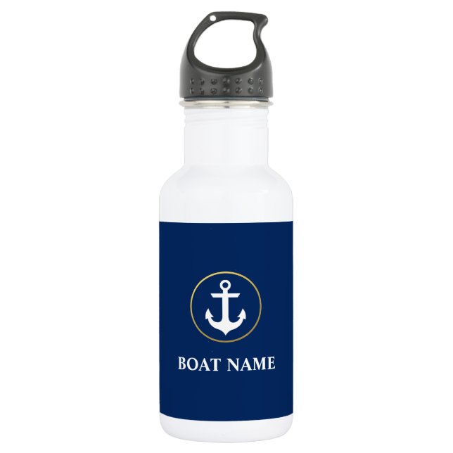Nautical Anchor Boat Name Navy Blue Gold White 532 Ml Water Bottle (Front)