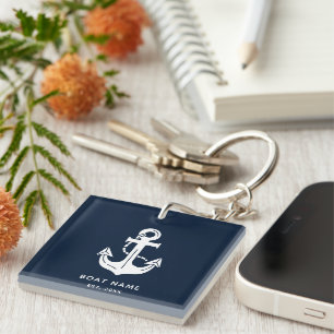 Nautical Anchor Boat Name Navy Blue Key Ring