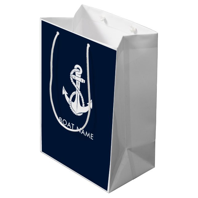 Nautical Anchor Boat Name Navy Blue Modern Medium Gift Bag (Back Angled)