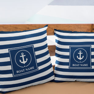 Nautical Anchor Boat Name Navy Blue Striped Cushion