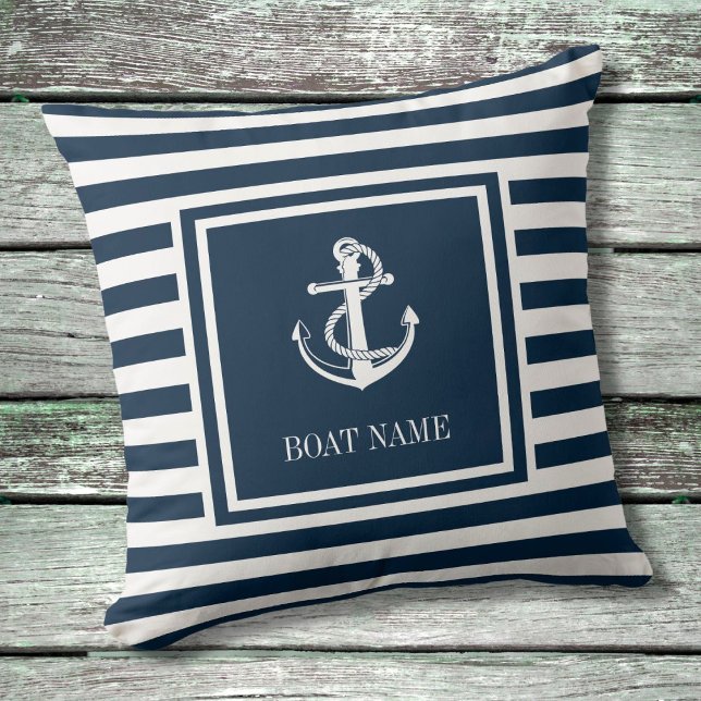 Nautical Anchor Boat Name Navy Blue Striped Cushion (Creator Uploaded)