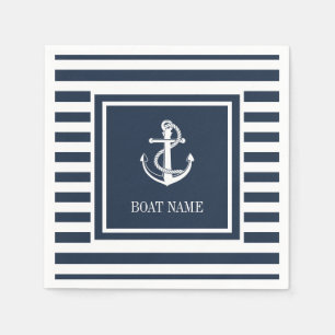 Nautical Anchor Boat Name Navy Blue Striped Napkin