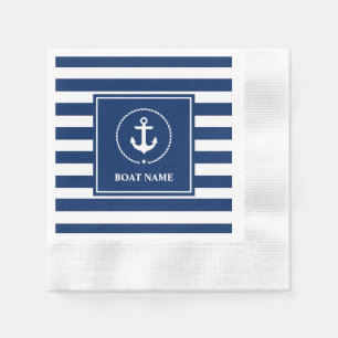 Nautical Anchor Boat Name Navy Blue Striped Napkin